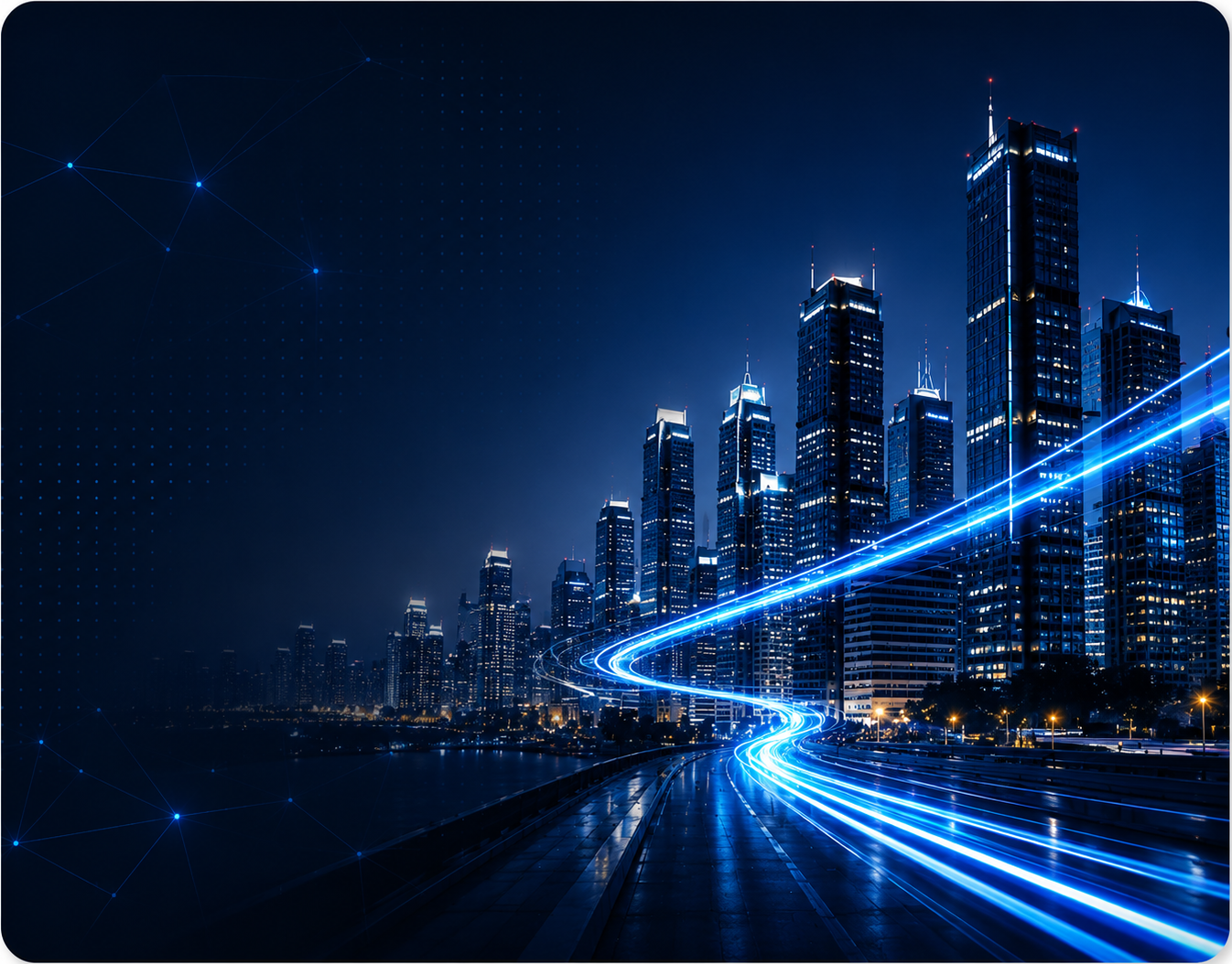Cidade moderna iluminada em azul, representando engenharia, comércio e tecnologia